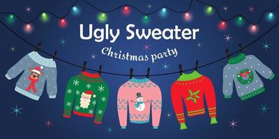 camisola feia festa de Natal. suéteres com diferentes estampas estão pendurados em prendedores de roupa. guirlanda com lâmpadas coloridas está brilhando.