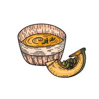 ilustração do esboço do vetor sopa de abóbora. sopa de outono tradicional de ação de graças com uma fatia de abóbora em branco