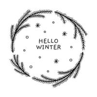 guirlanda de Natal com galhos de pinheiro e flocos de neve isolados no fundo branco. ilustração vetorial desenhada à mão em estilo doodle. modelo bonito para projetos de férias, cartões, convites. vetor