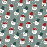 um padrão com bonecos de neve com um chapéu vermelho e um balde. bonecos de neve com uma cenoura no lugar do nariz. fundo de têxteis com personagens de neve. feliz Ano Novo e feliz Natal. ilustração vetorial vetor