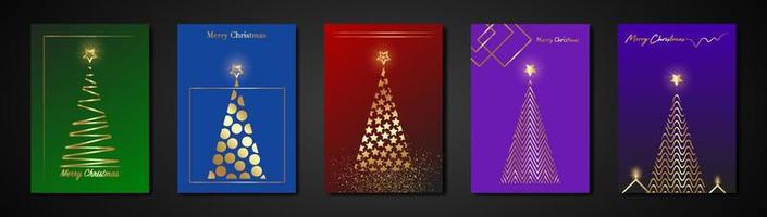 set cards textura de ouro de árvore de natal, fundo colorido de luxo dourado, vetor de ouro estilizado feliz natal, ícone de banner convites de férias de inverno temáticos festivos com decorações geométricas