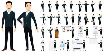 personagem de empresário definido vestindo roupa de negócios e em pé com diferentes poses e com quadro de apresentação com gráfico de vendas gráfico isolado e posando vetor