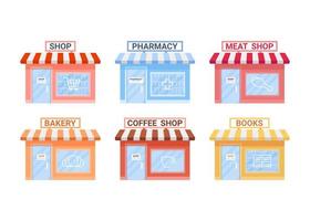 diferentes tipos de pequenas lojas comerciais, padaria, café, farmácia, carnes, livraria. comprar bens em loja privada. ilustração vetorial vetor