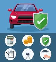 sete ícones de seguros de automóveis vetor