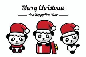 banner de panda fofinho feliz natal e feliz ano novo vetor