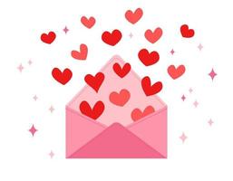 corações voam para fora do envelope vazio. ilustração em vetor plana dia dos namorados. símbolos de amor e envelope isolados