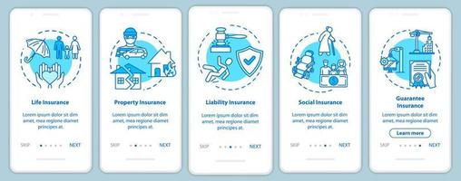 tela de página de aplicativo móvel de integração de seguro de responsabilidade civil com conceitos. garantia social. plano de política passo a passo 5 etapas instruções gráficas. modelo de vetor ui com ilustrações coloridas rgb