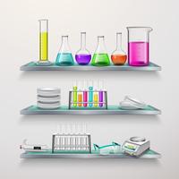 Prateleiras com composição de equipamentos de laboratório