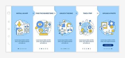 modelo de vetor de integração de guia de compartilhamento de bicicleta. site móvel responsivo com ícones. passo a passo da página da web telas de 5 etapas. instale o aplicativo e encontre o conceito de cor de bicicleta mais próximo com ilustrações lineares