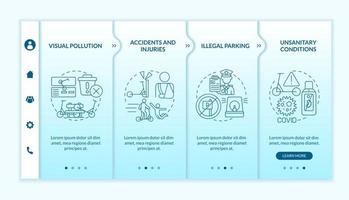 scooters elétricos que compartilham o modelo de vetor de integração de problemas. site móvel responsivo com ícones. passo a passo da página da web telas de 4 etapas. conceito de cores de condições não higiênicas com ilustrações lineares