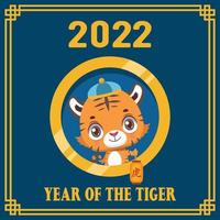 Feliz ano novo chinês 2022, saudação com um tigre fofo no fundo azul vetor