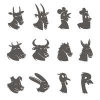 Animais de fazenda cabeças conjunto de ícones pretos vetor