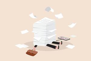 o excesso de trabalho e a sobrecarga de trabalho tornam o funcionário exausto e estressado, levando à depressão, esgotamento e baixa eficiência, fadiga, mulher de negócios enterrada sob uma pilha de papel ou trabalho inacabado perto do prazo. vetor