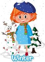 linda garota em traje de inverno com um boneco de neve vetor