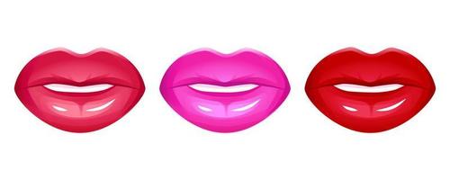 conjunto de ícones de vetor de lábios realistas isolado no branco. mulheres boca 3d, batom vermelho brilhante e brilhante. ilustração de glamour da moda.