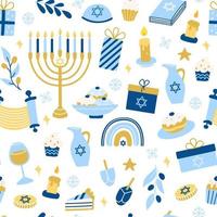 hanukkah vetor padrão sem emenda. vários objetos do festival de luzes judaico em estilo simples