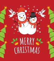 saudação bonito cartão de feliz Natal com dois irmãos bonito do boneco de neve em fundo vermelho. vetor