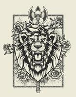 ilustração vetorial cabeça de leão com flor rosa vetor