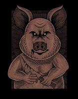 ilustração vintage psicopata porco com estilo de gravura