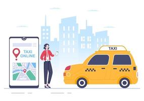 ilustração de design plano de serviço de reserva de viagens de táxi on-line via aplicativo móvel no smartphone leve alguém a um destino adequado para plano de fundo, pôster ou banner vetor