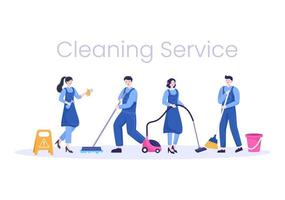 ilustração de design plano de serviço de limpeza. pessoas aspiram, limpam a poeira e varrem o chão da casa para usar como plano de fundo, banner ou pôster vetor