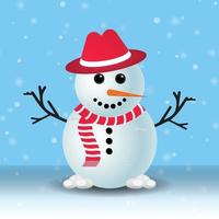 boneco de neve de Natal com um chapéu vermelho. neve caindo fundo com um boneco de neve. um boneco de neve com um lenço vermelho. design de elementos de Natal com galhos de árvores, um chapéu vermelho, nariz de cenoura, bolas de neve e flocos de neve. vetor