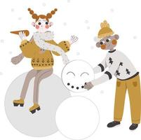 casal fazendo um boneco de neve para o natal vetor