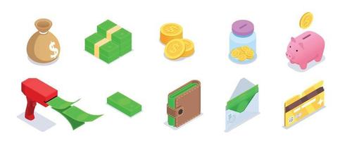 conjunto de ícones de alfabetização em educação financeira colorida isométrica vetor