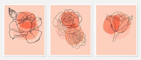 conjunto de ilustrações de desenho à mão com contorno de rosas pastel de forma simples para decoração de parede, cartão postal ou design de capa de brochura. ilustração vetorial vetor