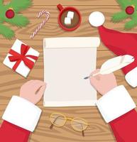 Papai Noel escreve carta na mesa dele - ilustração em vetor design plano.