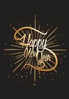 feliz ano novo letras douradas, com lindos fogos de artifício e partículas isoladas em fundo preto vetor