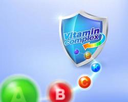 o conceito de complexo vitamínico é direcionado para o escudo de vidro azul. significa obter energia de comprimidos multivitamínicos. propaganda de produtos de saúde, embalagens. vetor