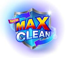 Produtos de limpeza da marca max clean em um escudo azul cristalino para embalagens, detergente, líquido de banheiro, sabonete, xampu, serviço de limpeza. arquivo realista. vetor