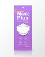sachê roxo embalagem máscaras médicas forma 3d. tamanho da embalagem 1 peça. maquete isolada no fundo branco. arquivo realista. vetor