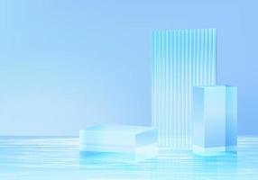 Plataforma de fundo 3D com vidro azul na água. fundo do vetor plataforma de pódio de cristal de renderização 3d. estande mostrar produto cosmético. vitrine de palco em um estúdio de vidro moderno com pedestal na plataforma de água
