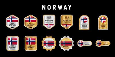 feito na noruega etiqueta, selo, distintivo ou logotipo. com a bandeira nacional da Noruega. nas cores platina, ouro e prata. emblema premium e luxo vetor