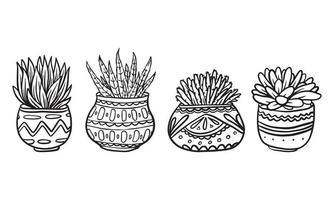 conjunto de ilustração vetorial desenhada de mão de planta em vaso, elementos gráficos isolados de plantas para design, planta com ilustração de folhas para criar um design romântico ou vintage. vetor
