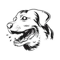 uma cara de cachorro latindo. uma ilustração desenhada à mão de uma cabeça de animal selvagem. desenho de linha de arte para emblema, pôster, adesivo, tatuagem, etc. vetor