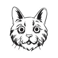 um gato com uma ilustração de rosto bonito. uma ilustração desenhada à mão de uma cabeça de animal selvagem. desenho de linha de arte para emblema, pôster, adesivo, tatuagem, etc. vetor