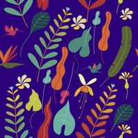 padrão colorido sem emenda. folhas e flores tropicais. sobre um fundo roxo. ilustração vetorial. vetor