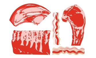 conjunto de produtos de carne fresca. ilustração vetorial. entrecosto, costela, bacon. vetor