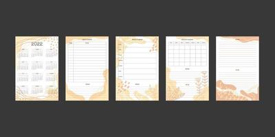 Calendário de 2022 e coleção de planejador mensal semanal diário com formas orgânicas desenhadas à mão na moda e elementos botânicos florais em paleta neutra em tons pastel vetor