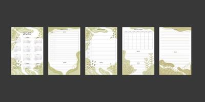 Calendário de 2025 e coleção de planejador mensal semanal diário com formas orgânicas desenhadas à mão na moda e elementos botânicos florais em paleta neutra em tons pastéis vetor