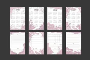 2022 2023 2024 2025 calendário e coleção de planejador mensal semanal diário com formas orgânicas desenhadas à mão na moda e elementos botânicos florais em paleta neutra rosa empoeirada vetor