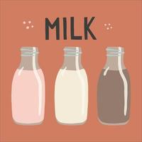 leite fresco feito com morango, leite com chocolate e leite de vaca no fundo da cor de terracota vetor