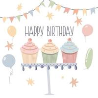 cartão de aniversário com cupcakes e balões em tons pastel vetor