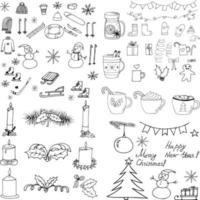 Natal conjunto doodle desenhado de mão. minimalismo. coleção de inverno, velas, decoração, boneco de neve, roupas para bebidas quentes vetor