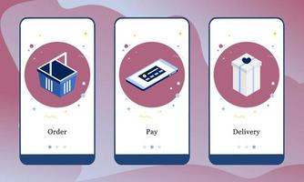 ilustração vetorial de pedido, pagamento e entrega nas telas do aplicativo de compras onboarding e no conceito da web. interface de compras online ux, ui gui modelo de tela a bordo para smart phone ou banners de site da web. vetor