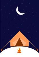 ilustração da paisagem à noite em estilo simples com tenda, fogueira, lua e estrelas. plano de fundo para acampamento de verão, turismo de natureza, conceito de design de acampamento ou caminhadas. modelo para protetor de tela do telefone móvel. vetor