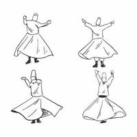 mão desenhada da dança dervixe sufi girando isolada no fundo branco. vetor